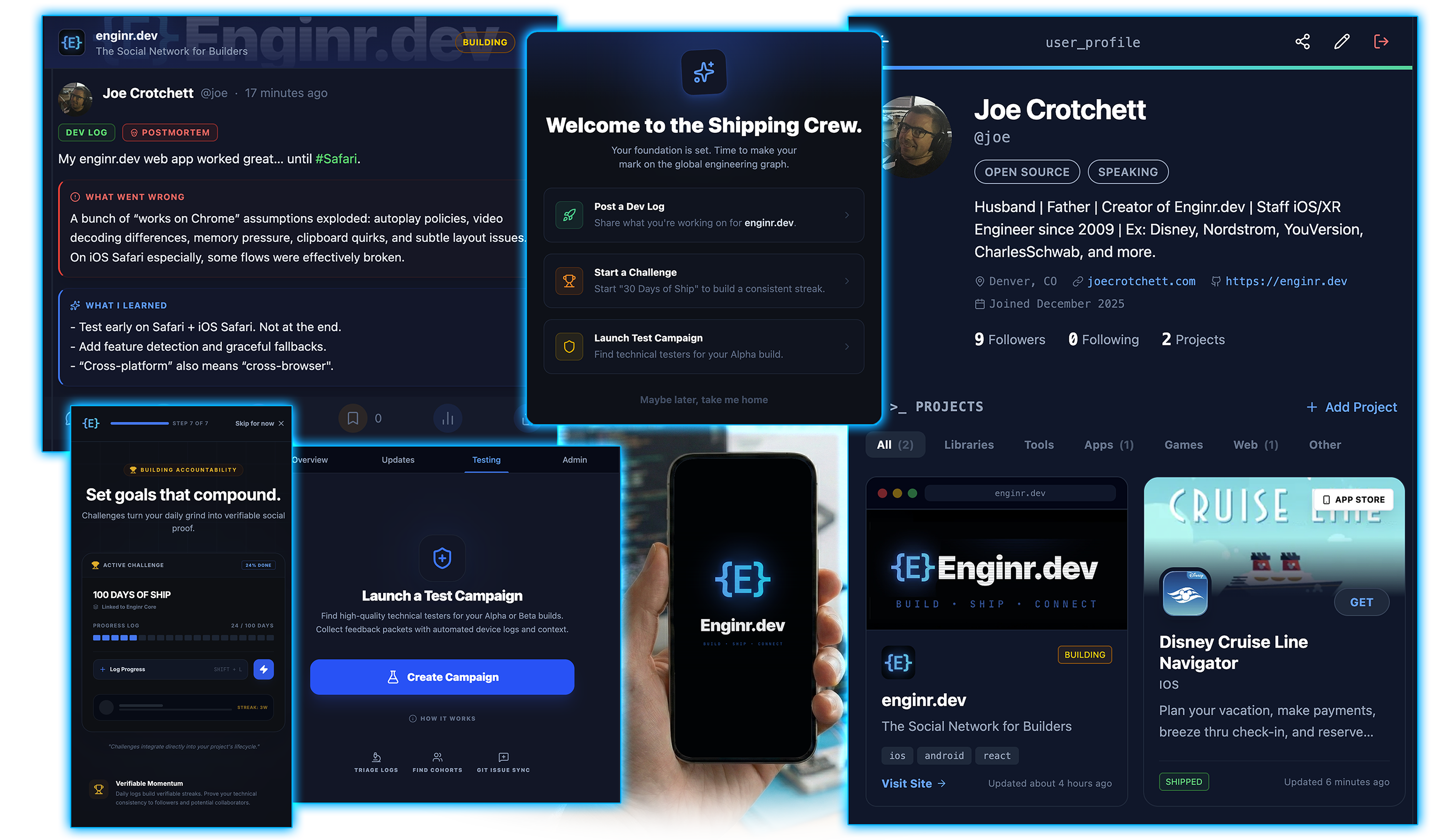 Hand holding phone with Enginr app in developer workspace