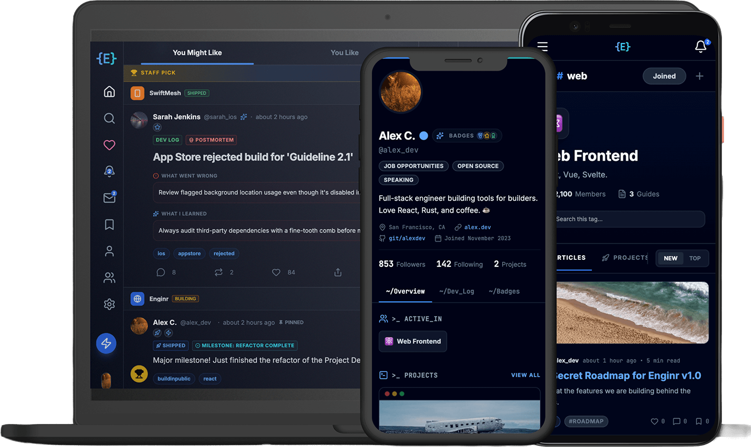 Enginr on laptop, iPhone, and Android